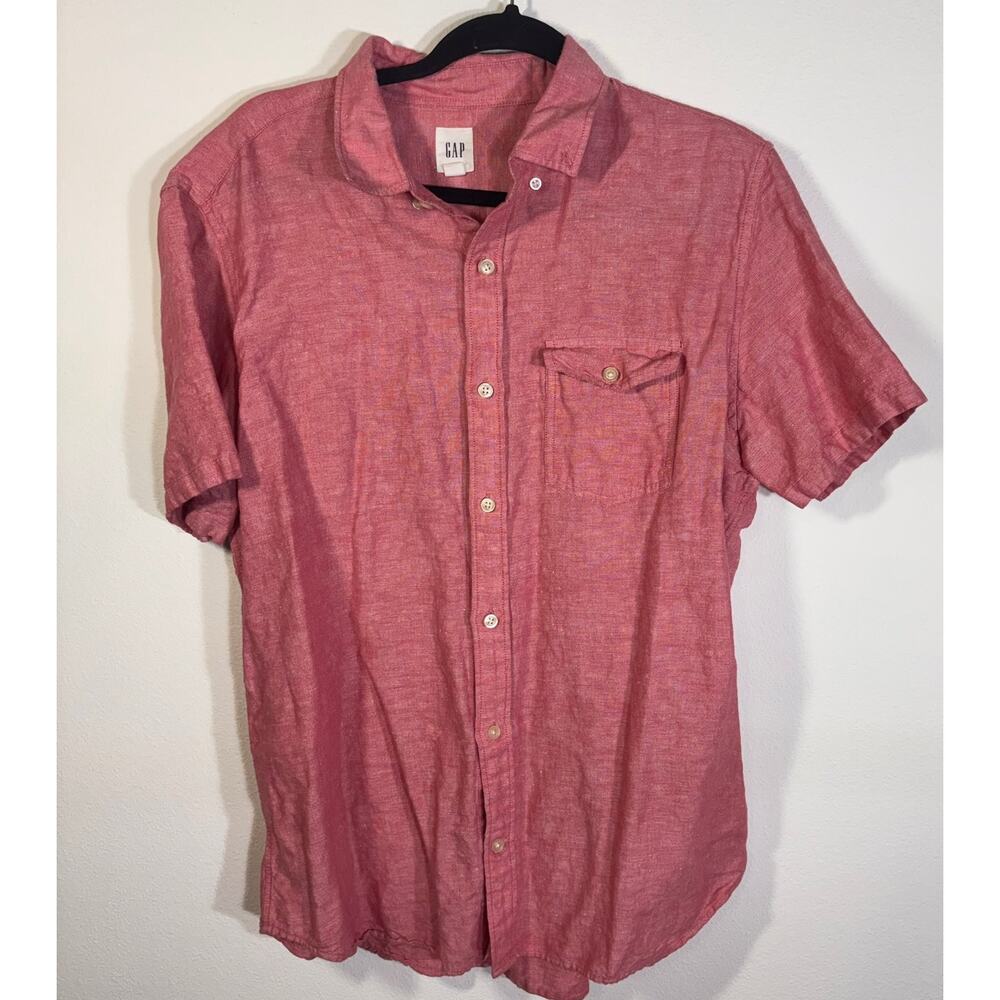 GAP Linen Blend Button Shirt Pink Short Sleeve Pocket Casual Large men